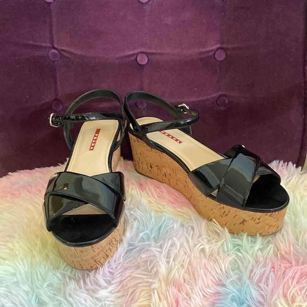 PRADA Platform Cork Sandal in Patent Black